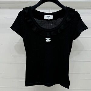 CHANEL Black Embellished Fitted Short Sleeve T-Shirt